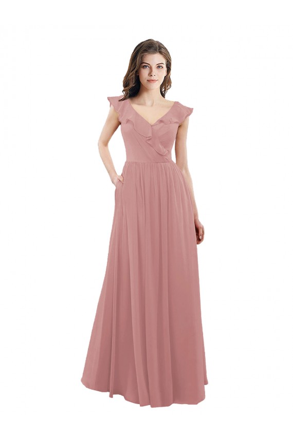 Altrosa A-Linien V-Ausschnitt Chiffon Lange Brautjungfernkleider Lieferanten