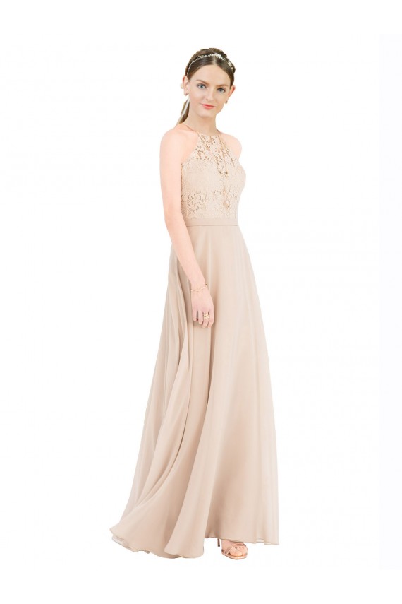 Champagner A-Linien Neckholder Stehkragen Ausschnitt Chiffon Spitze Lange Brautjungfernkleider / Abiballkleider Lieferanten