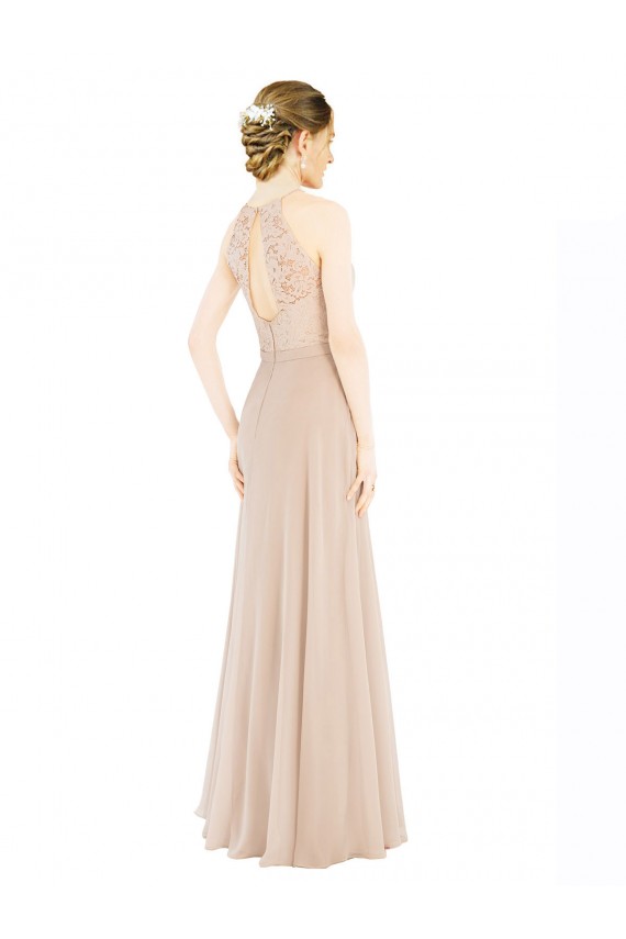 Champagner A-Linien Neckholder Stehkragen Ausschnitt Chiffon Spitze Lange Brautjungfernkleider / Abiballkleider Lieferanten