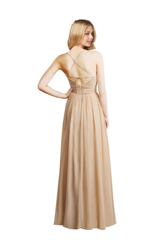 Champagner A-Linien Spaghetti-Träger Chiffon Lange Brautjungfernkleider Lieferanten
