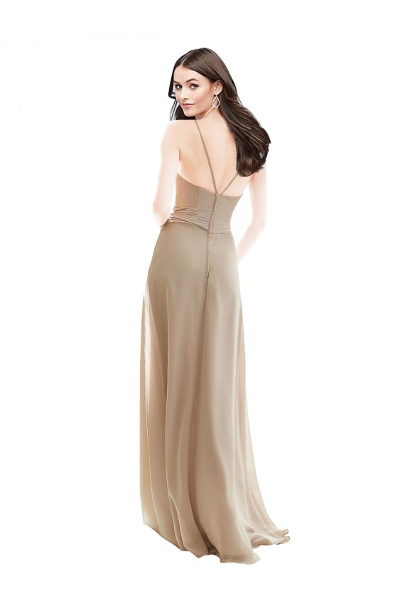 Champagner A-Linien Stehkragen Ausschnitt Chiffon Lange Brautjungfernkleider Lieferanten