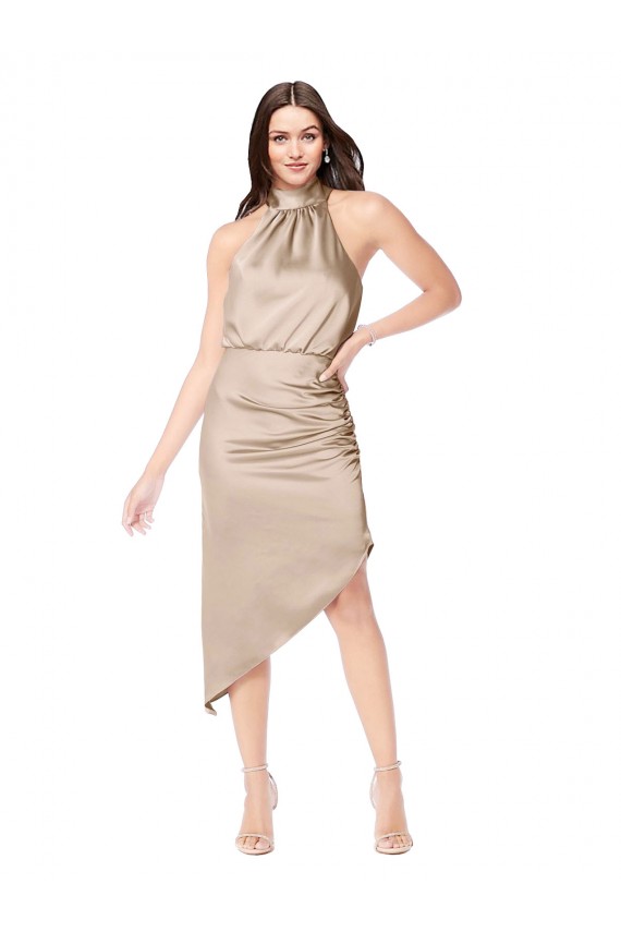 Champagner Rosa A-Linien Neckholder Midi Seidiger Satin Kurze Brautjungfernkleider / Abiballkleider / Cocktailkleider / Heimkehr Kleider Lieferanten