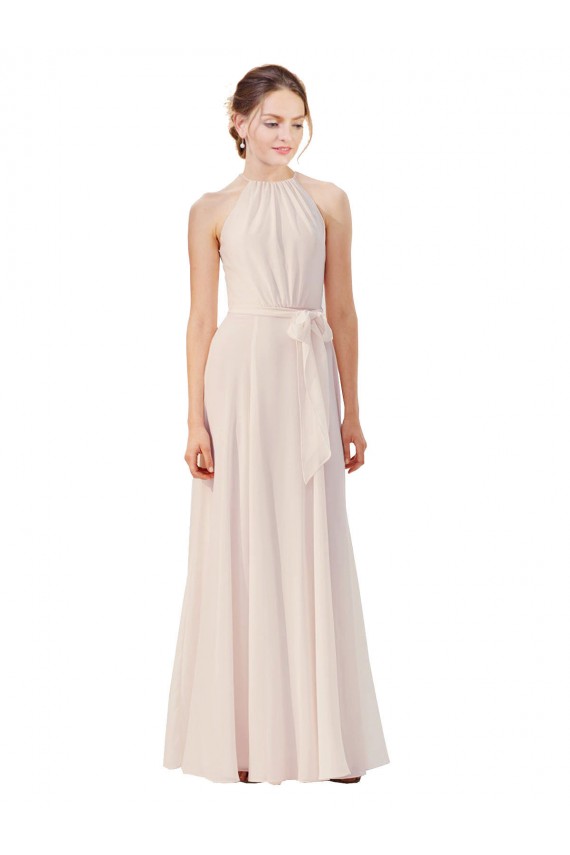 Creme Rosa A-Linien Stehkragen Ausschnitt Chiffon Lange Brautjungfernkleider Lieferanten