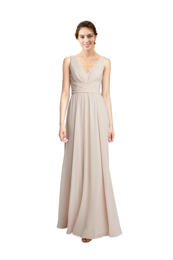 Creme Rosa A-Linien V-Ausschnitt Chiffon Lange Brautjungfernkleider Lieferanten