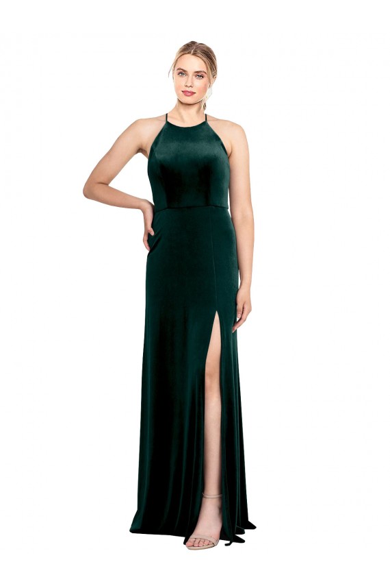 Dunkelgrün A-Linien Spaghetti-Träger Jewel Neck Stretch-Samt Lange Brautjungfernkleider / Abiballkleider Lieferanten