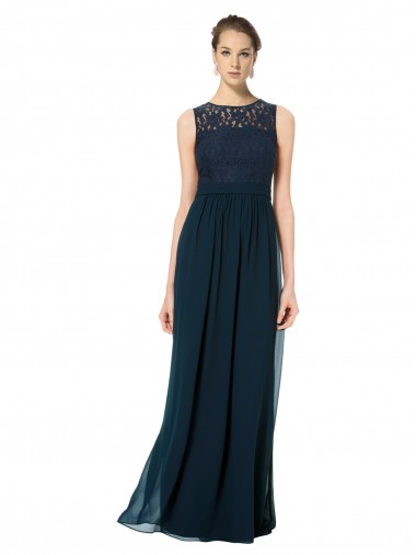 Dunkelmarine A-Linien Illusion Ausschnitt Chiffon Spitze Lange Brautjungfernkleider Lieferanten
