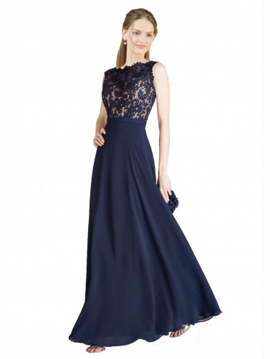 Dunkelmarine A-Linien Illusion Ausschnitt Chiffon Spitze Lange Brautjungfernkleider / Abiballkleider Lieferanten