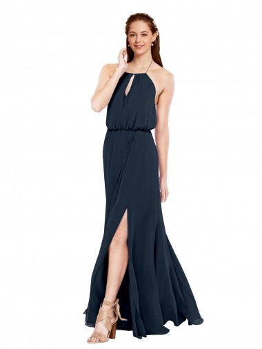 Dunkelmarine A-Linien Neckholder Chiffon Lange Brautjungfernkleider Lieferanten