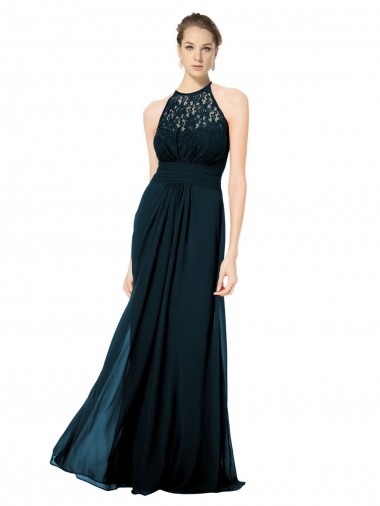 Dunkelmarine A-Linien Neckholder Illusion Ausschnitt Chiffon Spitze Lange Brautjungfernkleider Lieferanten