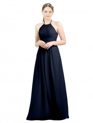 Dunkelmarine A-Linien Neckholder Stehkragen Ausschnitt Chiffon Lange Brautjungfernkleider Lieferanten