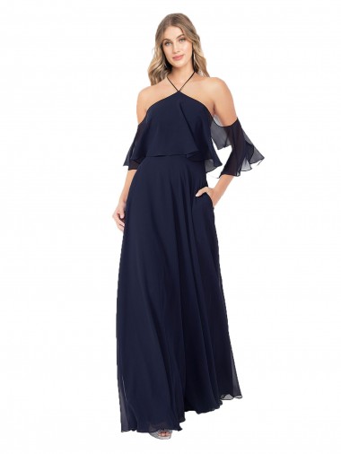 Dunkelmarine A-Linien Neckholder Stehkragen Ausschnitt Chiffon Lange Brautjungfernkleider Lieferanten