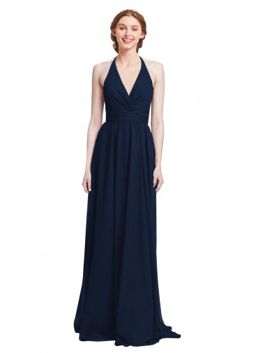 Dunkelmarine A-Linien Neckholder V-Ausschnitt Chiffon Lange Brautjungfernkleider Lieferanten