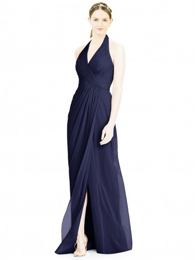 Dunkelmarine A-Linien Neckholder V-Ausschnitt Chiffon Lange Brautjungfernkleider Lieferanten