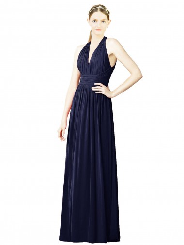 Dunkelmarine A-Linien Neckholder V-Ausschnitt Chiffon Lange Brautjungfernkleider Lieferanten
