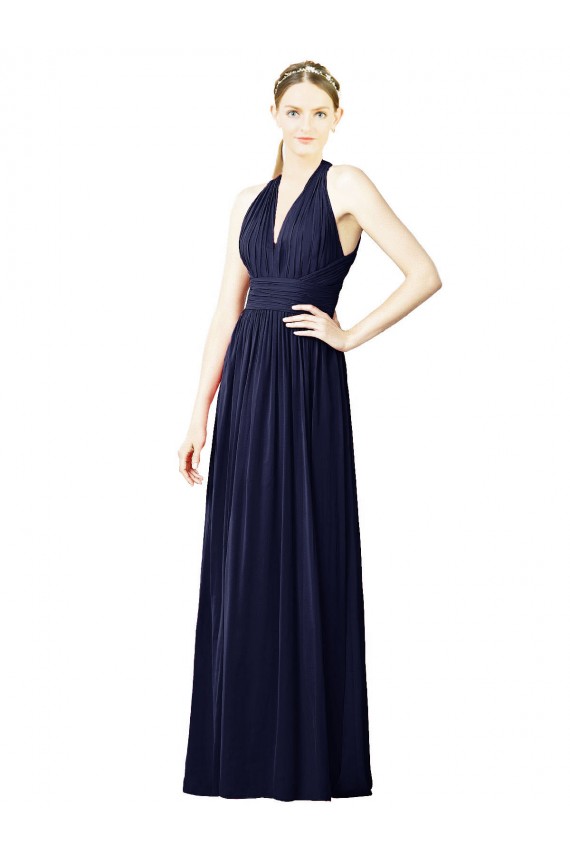 Dunkelmarine A-Linien Neckholder V-Ausschnitt Chiffon Lange Brautjungfernkleider Lieferanten