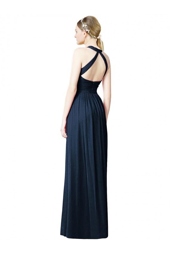 Dunkelmarine A-Linien Neckholder V-Ausschnitt Chiffon Lange Brautjungfernkleider Lieferanten