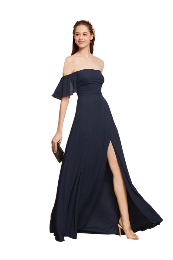 Dunkelmarine A-Linien Off-Schulter Chiffon Lange Brautjungfernkleider / Abiballkleider Lieferanten