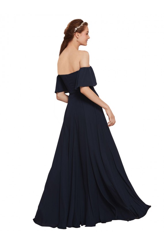 Dunkelmarine A-Linien Off-Schulter Chiffon Lange Brautjungfernkleider / Abiballkleider Lieferanten