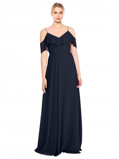 Dunkelmarine A-Linien Off-Schulter Spaghetti-Träger Chiffon Lange Brautjungfernkleider Lieferanten