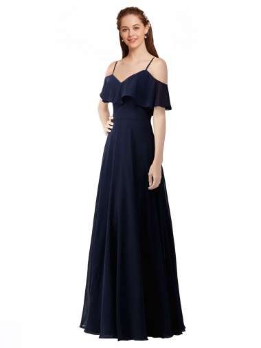 Dunkelmarine A-Linien Off-Schulter V-Ausschnitt Chiffon Lange Brautjungfernkleider Lieferanten