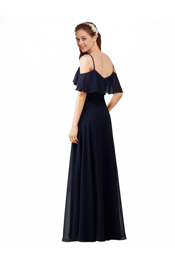 Dunkelmarine A-Linien Off-Schulter V-Ausschnitt Chiffon Lange Brautjungfernkleider Lieferanten