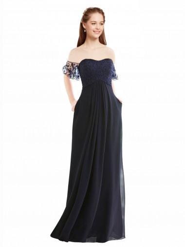 Dunkelmarine A-Linien Off-Schulter V-Ausschnitt Chiffon Spitze Lange Brautjungfernkleider Lieferanten