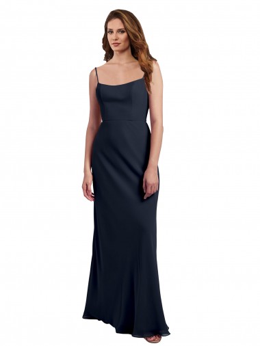 Dunkelmarine A-Linien Spaghetti-Träger Scoop Chiffon Lange Brautjungfernkleider Lieferanten