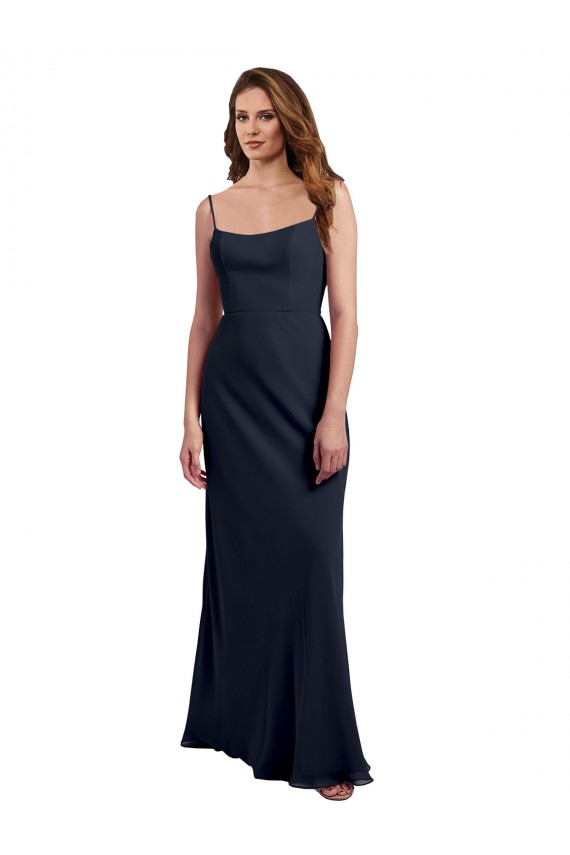 Dunkelmarine A-Linien Spaghetti-Träger Scoop Chiffon Lange Brautjungfernkleider Lieferanten