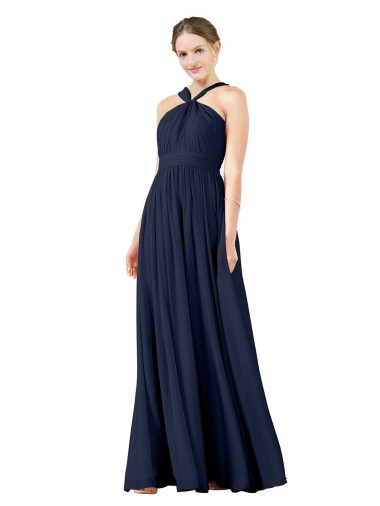 Dunkelmarine A-Linien V-Ausschnitt Chiffon Lange Brautjungfernkleider Lieferanten