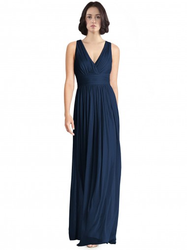 Dunkelmarine A-Linien V-Ausschnitt Chiffon Lange Brautjungfernkleider Lieferanten