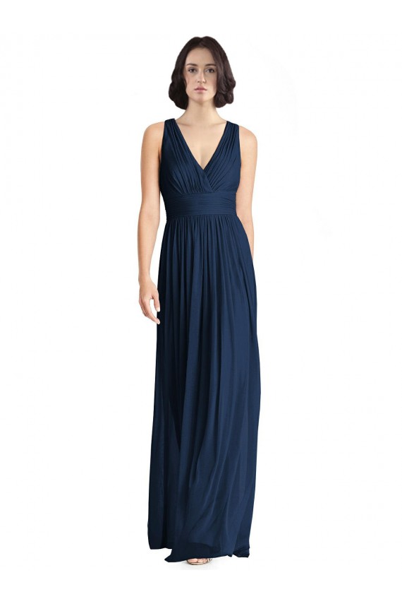 Dunkelmarine A-Linien V-Ausschnitt Chiffon Lange Brautjungfernkleider Lieferanten