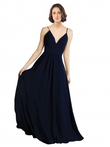 Dunkelmarine A-Linien V-Ausschnitt Chiffon Lange Brautjungfernkleider Lieferanten