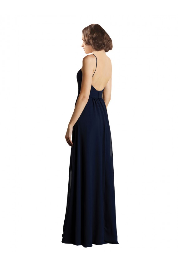 Dunkelmarine A-Linien V-Ausschnitt Chiffon Lange Brautjungfernkleider Lieferanten