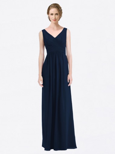 Dunkelmarine A-Linien V-Ausschnitt Chiffon Lange Brautjungfernkleider Lieferanten