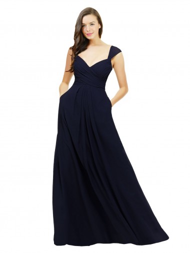 Dunkelmarine A-Linien V-Ausschnitt Chiffon Lange Brautjungfernkleider Lieferanten
