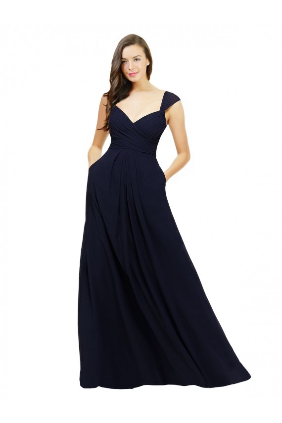 Dunkelmarine A-Linien V-Ausschnitt Chiffon Lange Brautjungfernkleider Lieferanten