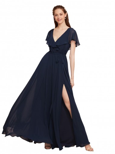 Dunkelmarine A-Linien V-Ausschnitt Chiffon Lange Brautjungfernkleider Lieferanten