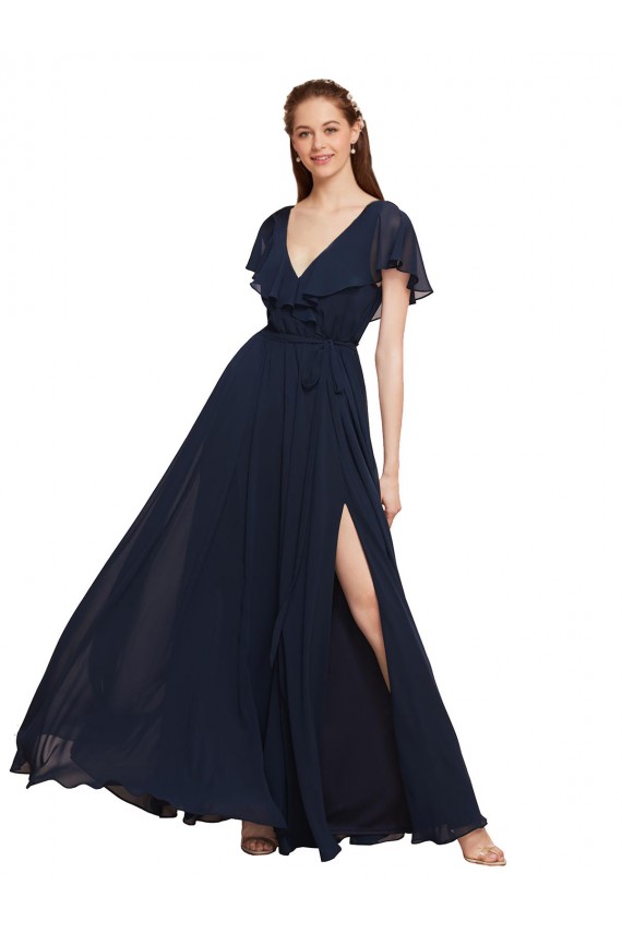 Dunkelmarine A-Linien V-Ausschnitt Chiffon Lange Brautjungfernkleider Lieferanten