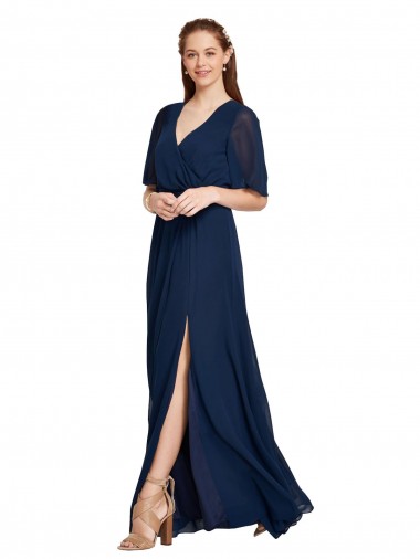 Dunkelmarine A-Linien V-Ausschnitt Chiffon Lange Brautjungfernkleider Lieferanten