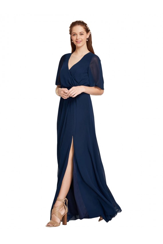Dunkelmarine A-Linien V-Ausschnitt Chiffon Lange Brautjungfernkleider Lieferanten