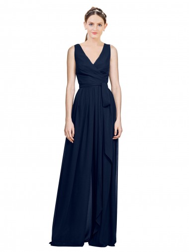 Dunkelmarine A-Linien V-Ausschnitt Chiffon Lange Brautjungfernkleider Lieferanten