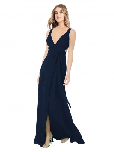 Dunkelmarine A-Linien V-Ausschnitt Chiffon Lange Brautjungfernkleider Lieferanten