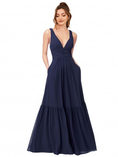 Dunkelmarine A-Linien V-Ausschnitt Chiffon Lange Brautjungfernkleider Lieferanten