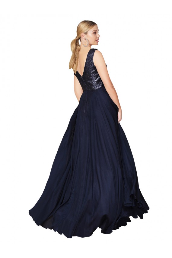 Dunkelmarine A-Linien V-Ausschnitt Chiffon Paillette Lange Brautjungfernkleider / Abiballkleider Lieferanten