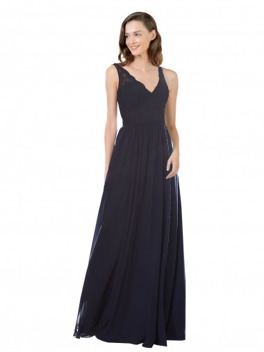 Dunkelmarine A-Linien V-Ausschnitt Chiffon Spitze Lange Brautjungfernkleider Lieferanten