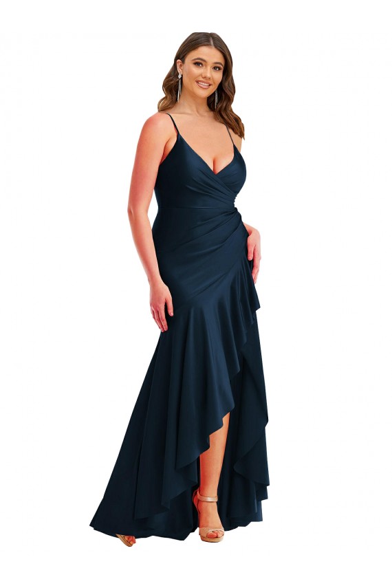 Dunkelmarine Meerjungfrau Spaghetti-Träger Seidiger Satin Lange Formale Brautjungfernkleider / Abendkleider / Abiballkleider Lieferanten