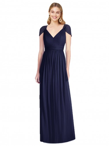 Dunkelmarine Trompete V-Ausschnitt Chiffon Lange Brautjungfernkleider Lieferanten