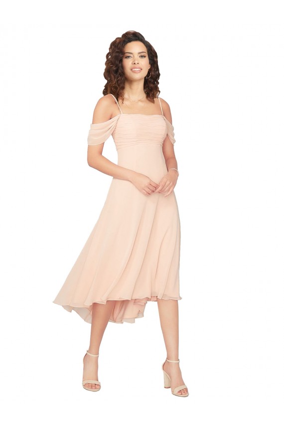 Eisrosa A-Linien Quadrat Ausschnitt Midi Chiffon Kurze Brautjungfernkleider Lieferanten