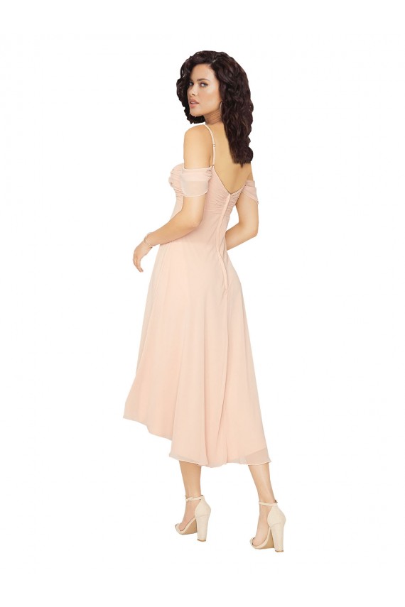 Eisrosa A-Linien Quadrat Ausschnitt Midi Chiffon Kurze Brautjungfernkleider Lieferanten