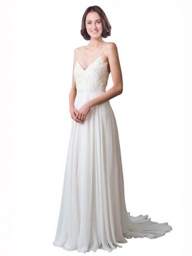 Elfenbein A-Linien Spaghetti-Träger V-Ausschnitt Kapelle-schleppe Chiffon Spitze Strand Brautkleider Lieferanten